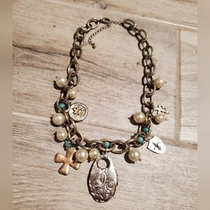 Vintage Estate Fleur De Lis Chunky Chain Charm Necklace Pearl Stone 20 Inches